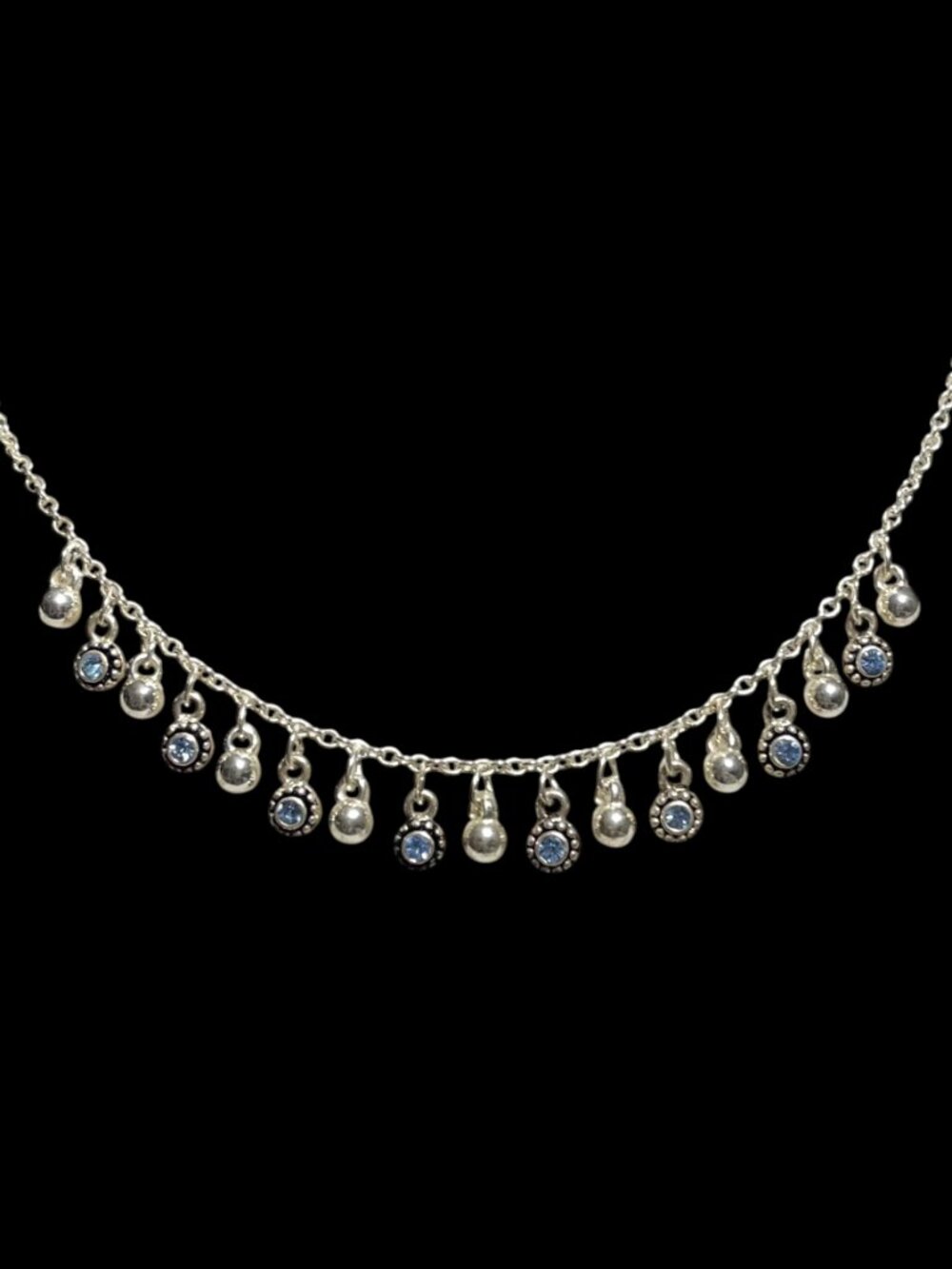 Dainty Fringe Necklace Silver Tone Dangle Blue Crystal Feminine Collar 15.25 in.